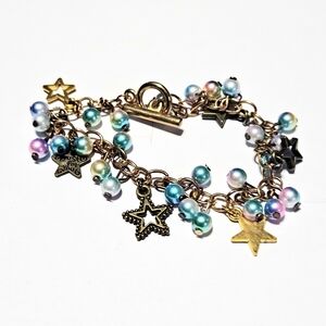 Gold Star Charm Bracelet with Multicolor Beads 7.5" Long Chunky Beaded Bracelet